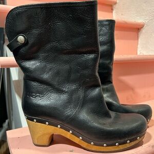Ugg heel black leather fur lined boots
